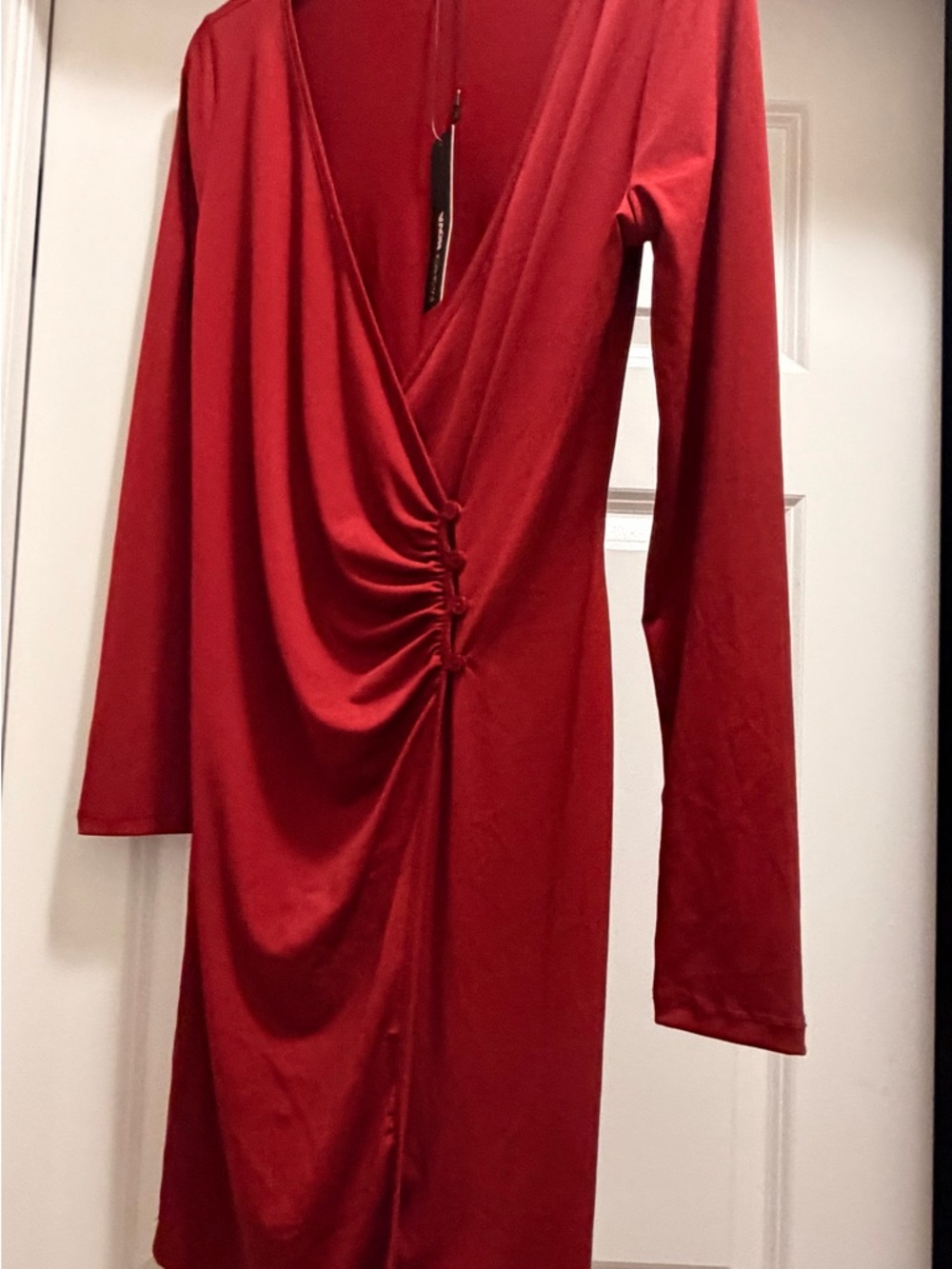 Fashion Nova Red Long-Sleeve Ruched Wrap Dress